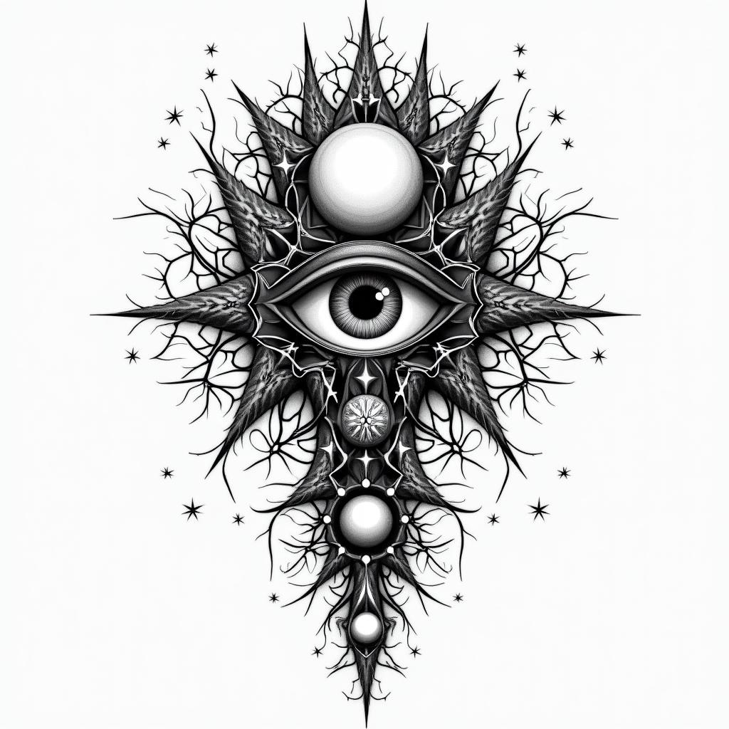 Fractal, Mandelbrotin prophecy tattoo style, featuring mystical symbols, celestial imagery like stars, moons, suns, geometric patterns, foretelling elements, an eye of wisdom - Variation 4