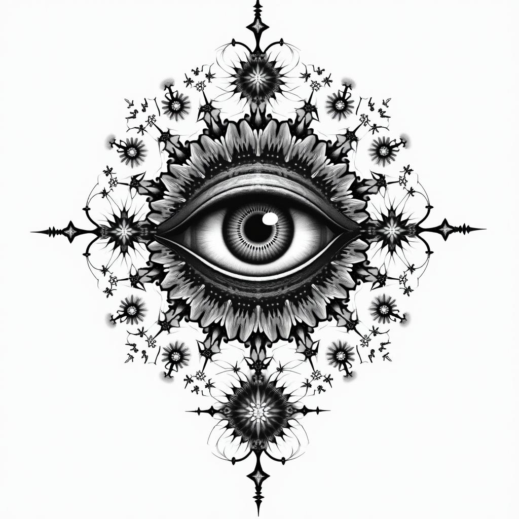 Fractal, Mandelbrotin prophecy tattoo style, featuring mystical symbols, celestial imagery like stars, moons, suns, geometric patterns, foretelling elements, an eye of wisdom