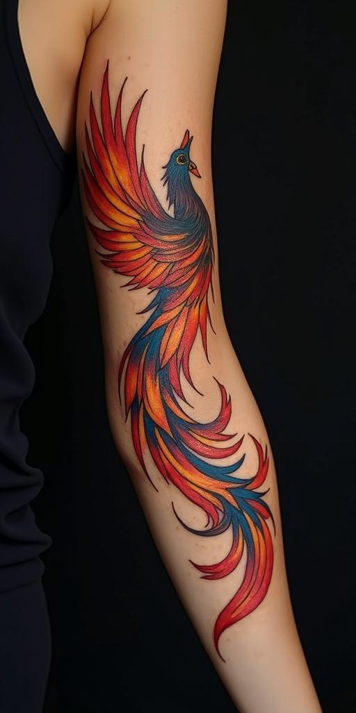 arm cover up, mother of 3 kids relating to a phoenix mix with wolfin flame tattoo style showcasing fiery elements with dynamic flame patterns, glowing effect of flames, natural colors - Variation 4