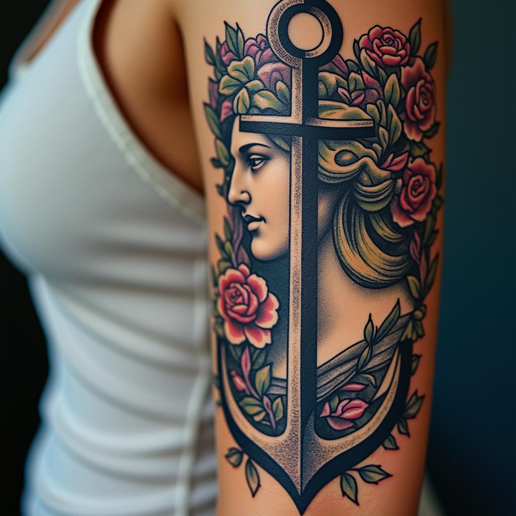 Anchor entwined with roses and thornsin distorted and fragmented tattoo design, featuring a classical statue bust, in a glitch art style with vibrant, overlapping colors of cyan, magenta, and yellow, creating a digital distortion effect - Variation 4