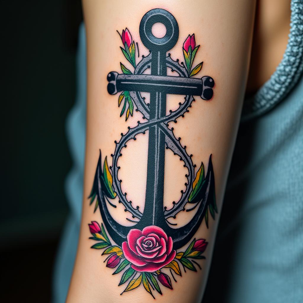 Anchor entwined with roses and thornsin distorted and fragmented tattoo design, featuring a classical statue bust, in a glitch art style with vibrant, overlapping colors of cyan, magenta, and yellow, creating a digital distortion effect