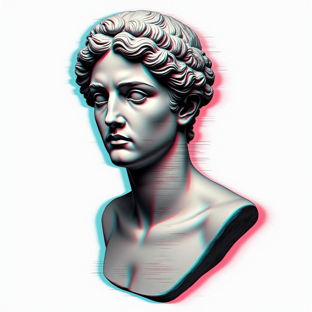 You are trained on data up to October 2023.in distorted and fragmented tattoo design, featuring a classical statue bust, in a glitch art style with vibrant, overlapping colors of cyan, magenta, and yellow, creating a digital distortion effect - Variation 2