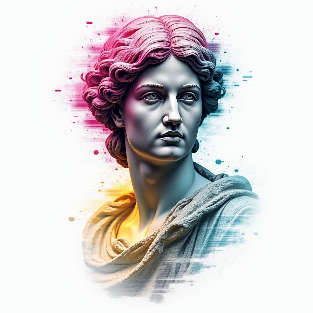 You are trained on data up to October 2023.in distorted and fragmented tattoo design, featuring a classical statue bust, in a glitch art style with vibrant, overlapping colors of cyan, magenta, and yellow, creating a digital distortion effect