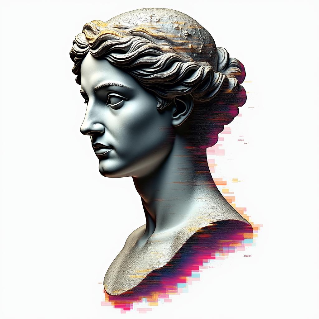 You are trained on data up to October 2023.in distorted and fragmented tattoo design, featuring a classical statue bust, in a glitch art style with vibrant, overlapping colors of cyan, magenta, and yellow, creating a digital distortion effect - Variation 3
