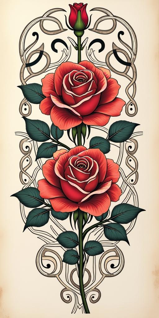 A detailed tattoo illustration of 2 roses, with the Hindi word सन्तोष above, framed by complex and artistic Māori designs, emphasizing cultural significance and beauty.undefined
