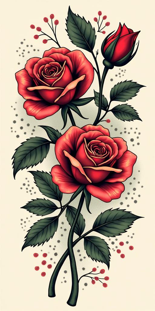 A tattoo concept with two vibrant roses and the word सन्तोष in a stylish font, surrounded by Maori-inspired patterns, uniting nature and culture in a unique design.undefined