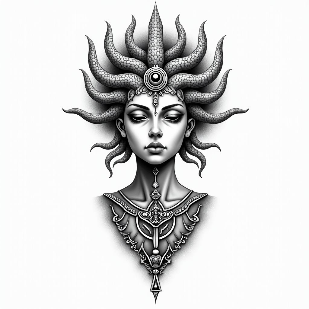 Medusa, childin spiritual symbols tattoo style, featuring an intricate design incorporating elements, Hamsa hand, third eye, minimalist composition - Variation 3