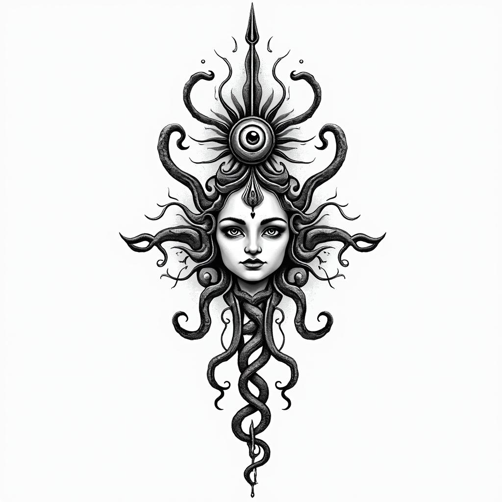 Medusa, childin spiritual symbols tattoo style, featuring an intricate design incorporating elements, Hamsa hand, third eye, minimalist composition