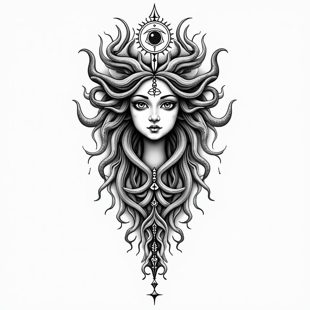 Medusa, childin spiritual symbols tattoo style, featuring an intricate design incorporating elements, Hamsa hand, third eye, minimalist composition - Variation 4