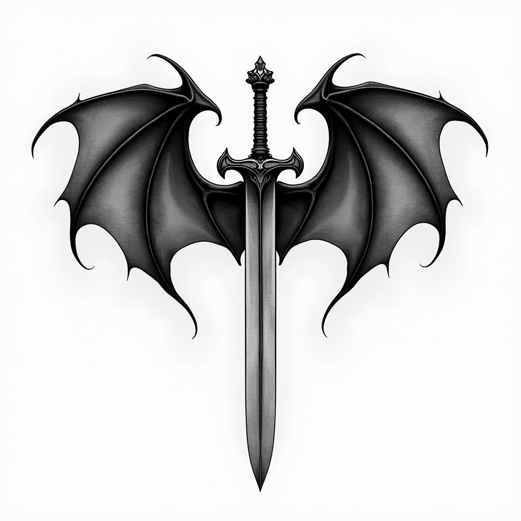 Unique demon wings on back with sword down the spinetext-based tattoo, gothic font ultra-realistic, perfectly placed, high-quality font design, photo-realistic shading, 8k, high quality, finely detailed typography - Variation 3