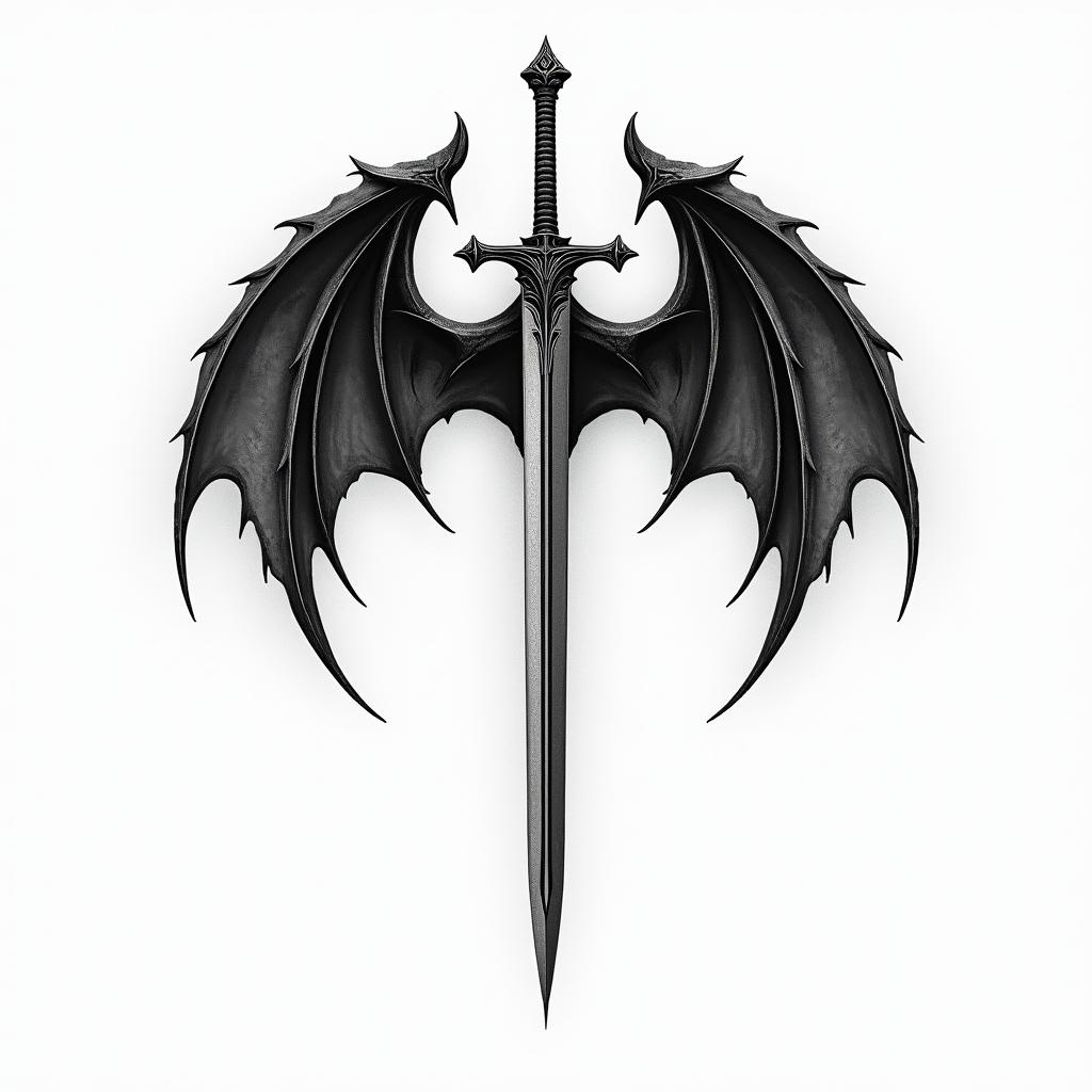 Unique demon wings on back with sword down the spinetext-based tattoo, gothic font ultra-realistic, perfectly placed, high-quality font design, photo-realistic shading, 8k, high quality, finely detailed typography