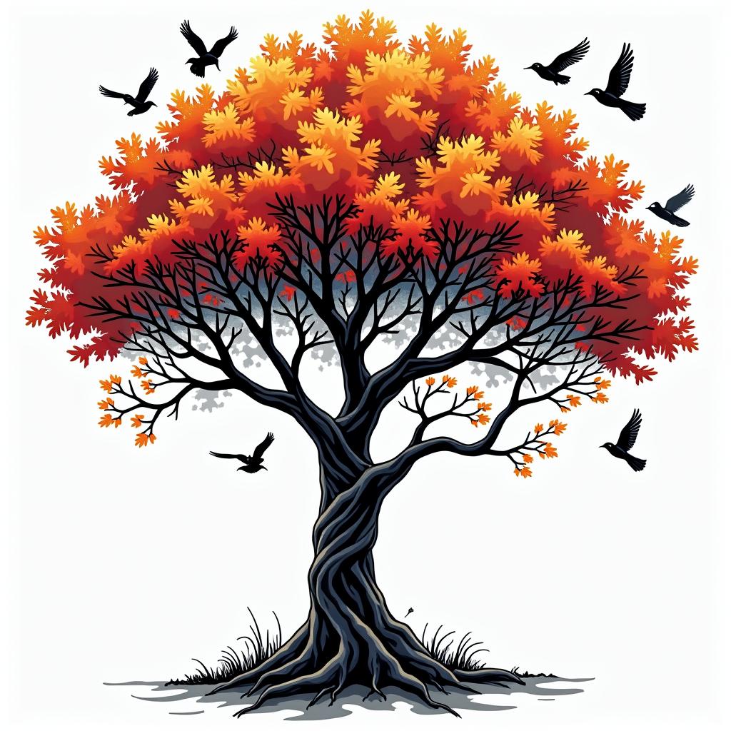 Angry orchard tree with disappearing birdsin pop art style tattoo, featuring bold and vibrant colors, exaggerated outlines, iconic imagery, inspired by comic books and speech bubbles, comic book characters, retro pop culture - Variation 4