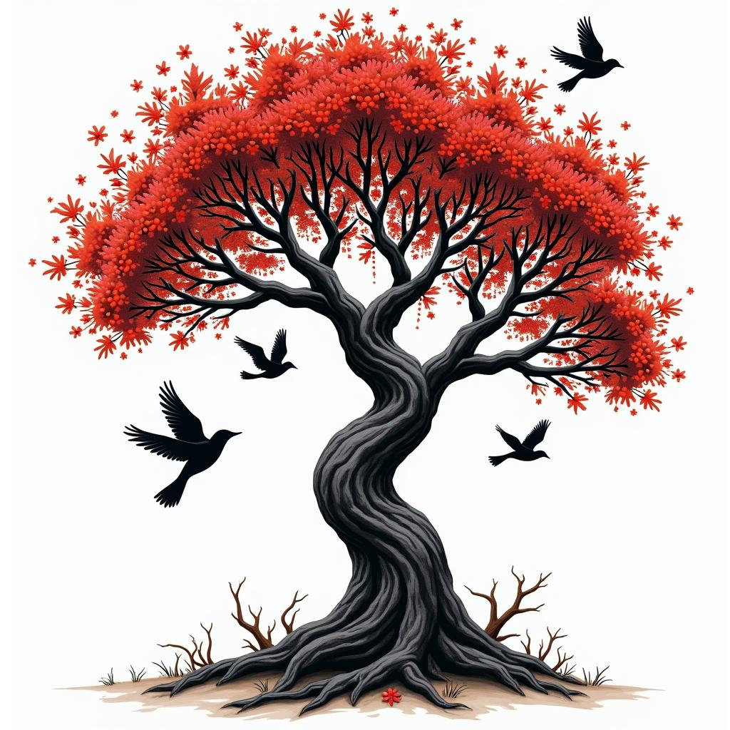 Angry orchard tree with disappearing birdsin pop art style tattoo, featuring bold and vibrant colors, exaggerated outlines, iconic imagery, inspired by comic books and speech bubbles, comic book characters, retro pop culture - Variation 2