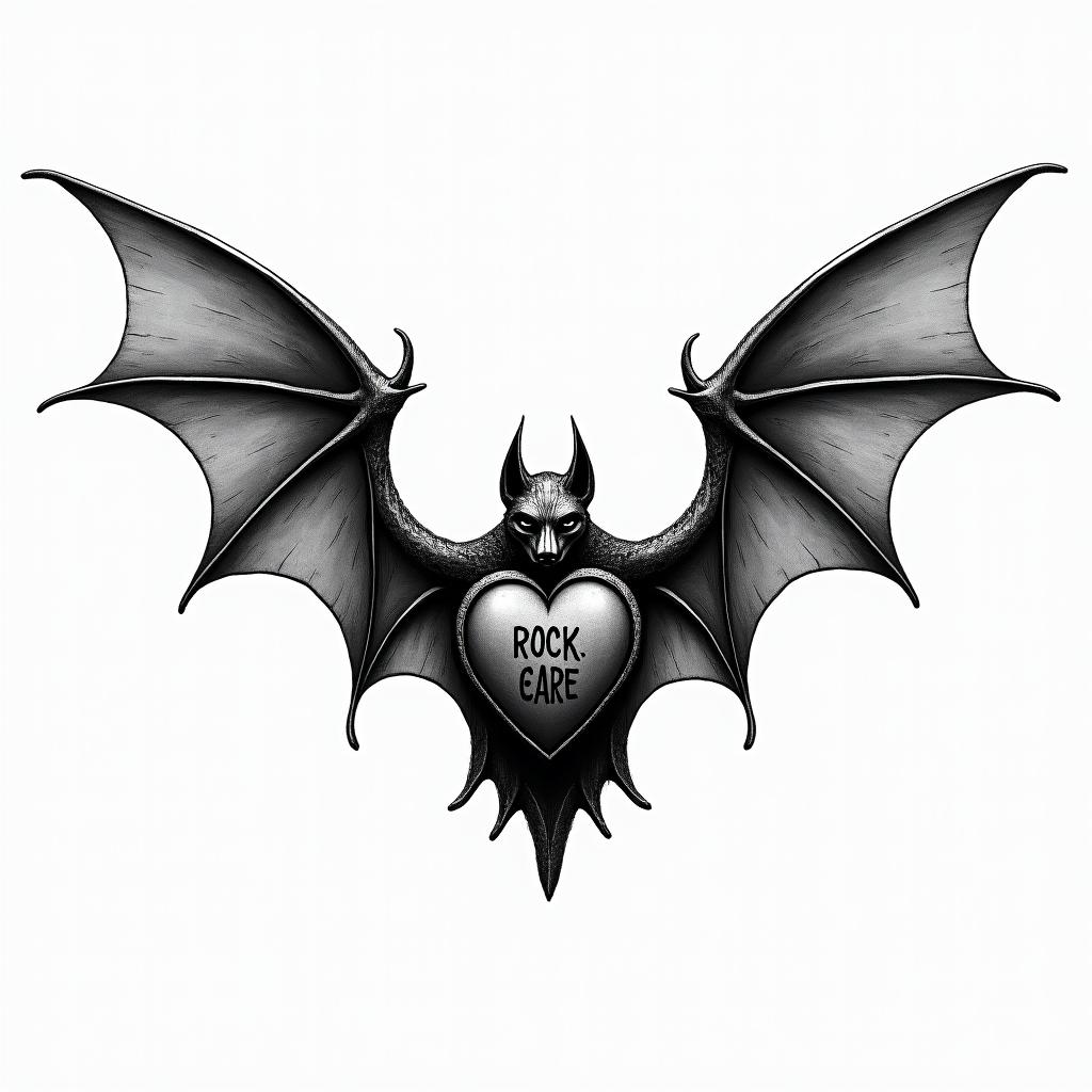 Bat wings with a heart of spades and that say Rockstar written.higly detailed tattoo