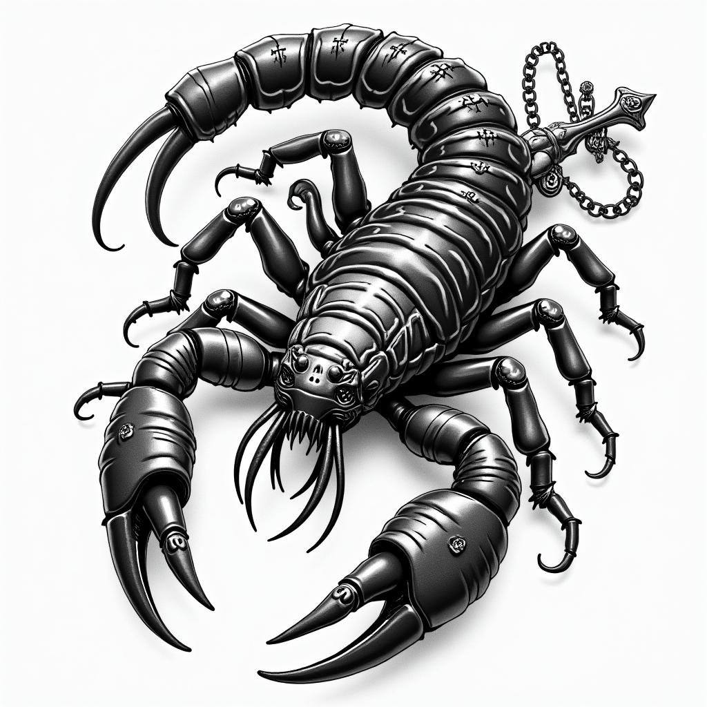 Scorpion with sharp and detailed clawsin chicano style tattoo, featuring intricate black and grey shading, bold elements of traditional chicano culture symbols, add a big cross with skull, chains and roses - Variation 4