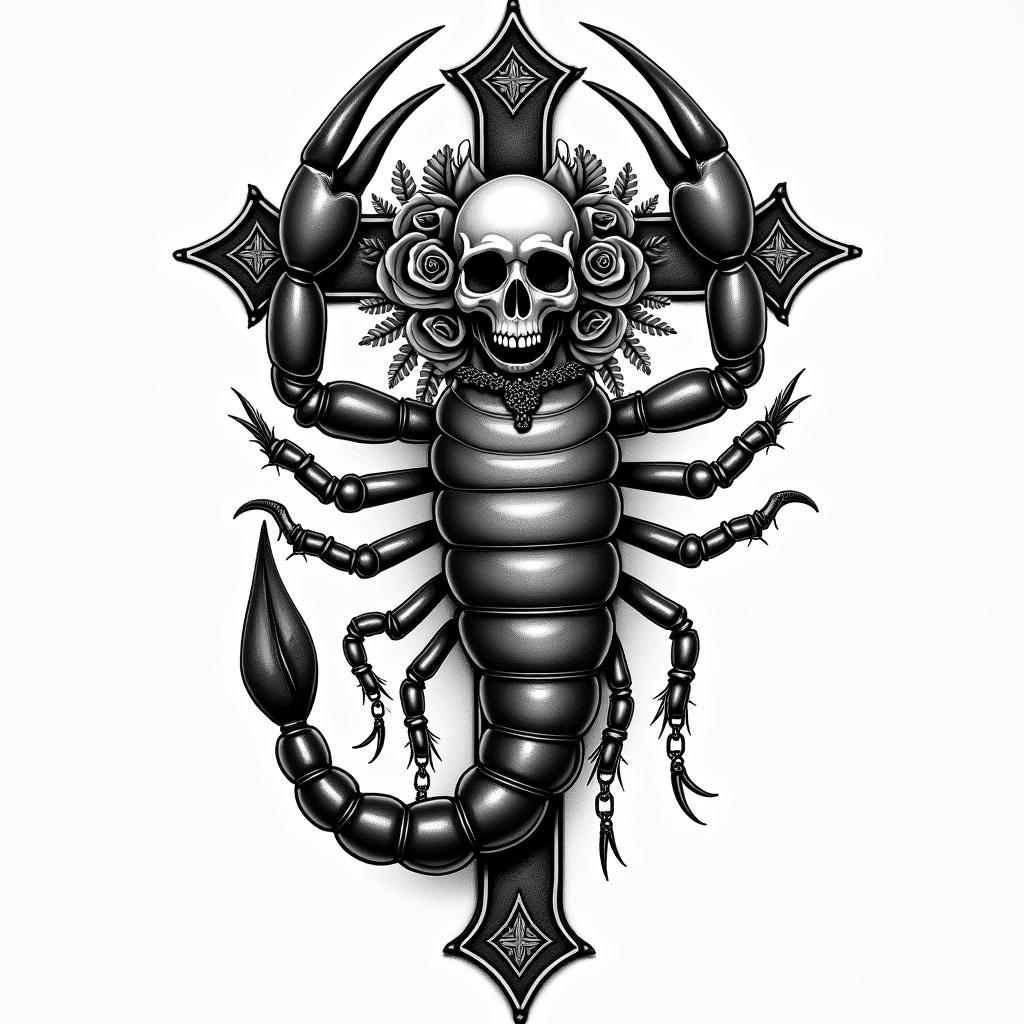 Scorpion with sharp and detailed clawsin chicano style tattoo, featuring intricate black and grey shading, bold elements of traditional chicano culture symbols, add a big cross with skull, chains and roses - Variation 2