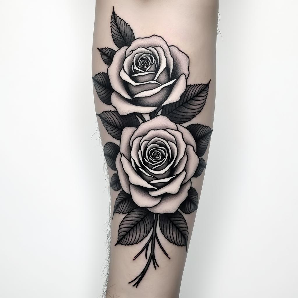 Forearm tattoo. With roses of different sizes but not too big. Fine lines.higly detailed tattoo - Variation 2