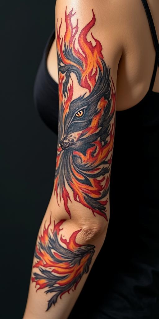 arm cover up, phoenix mix with wolfin flame tattoo style showcasing fiery elements with dynamic flame patterns, glowing effect of flames, natural colors - Variation 11