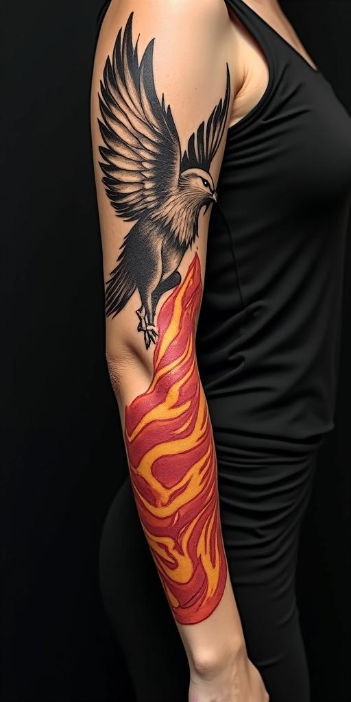 arm cover up, phoenix mix with wolfin flame tattoo style showcasing fiery elements with dynamic flame patterns, glowing effect of flames, natural colors - Variation 12
