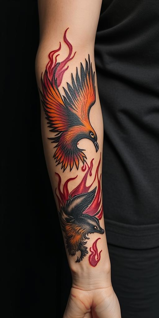 arm cover up, phoenix mix with wolfin flame tattoo style showcasing fiery elements with dynamic flame patterns, glowing effect of flames, natural colors - Variation 9
