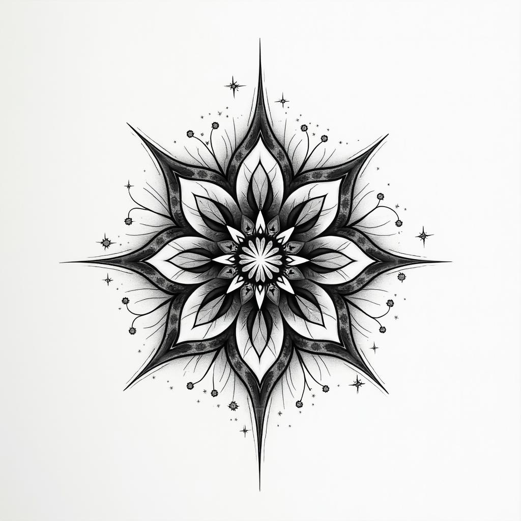 Bubbles
sparkle simple in geometric style tattoo, blending hexagons, mandala-inspired patterns, symmetrical and fractal design, clean lines, sharp angles - Variation 2