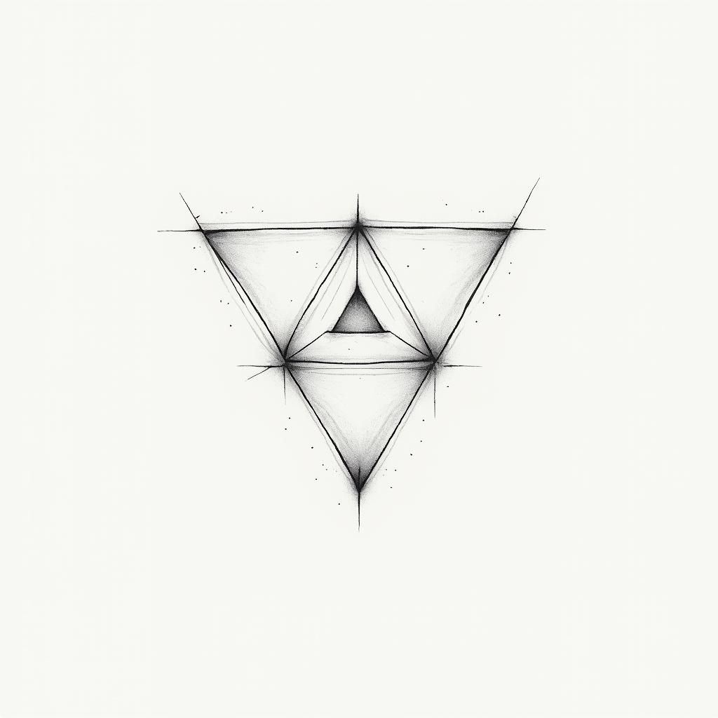 Camila, Leo, Julioin minimalist style tattoo, featuring simple shapes and fine lines, with minimal shading and details, tiny triangles, creating a sense of balance and harmony