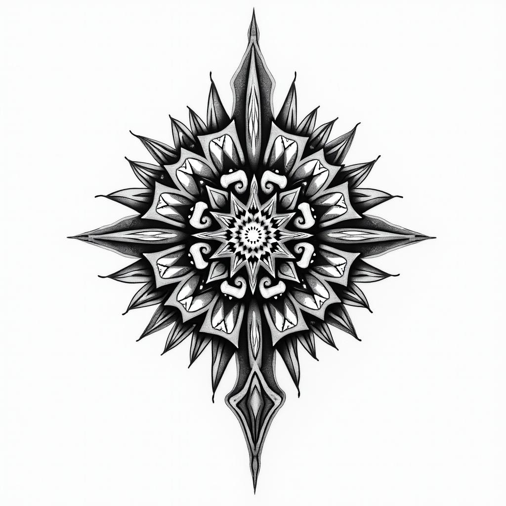 2 black and white tattoos and the word Santosha in a geometric patternhigly detailed tattoo - Variation 3