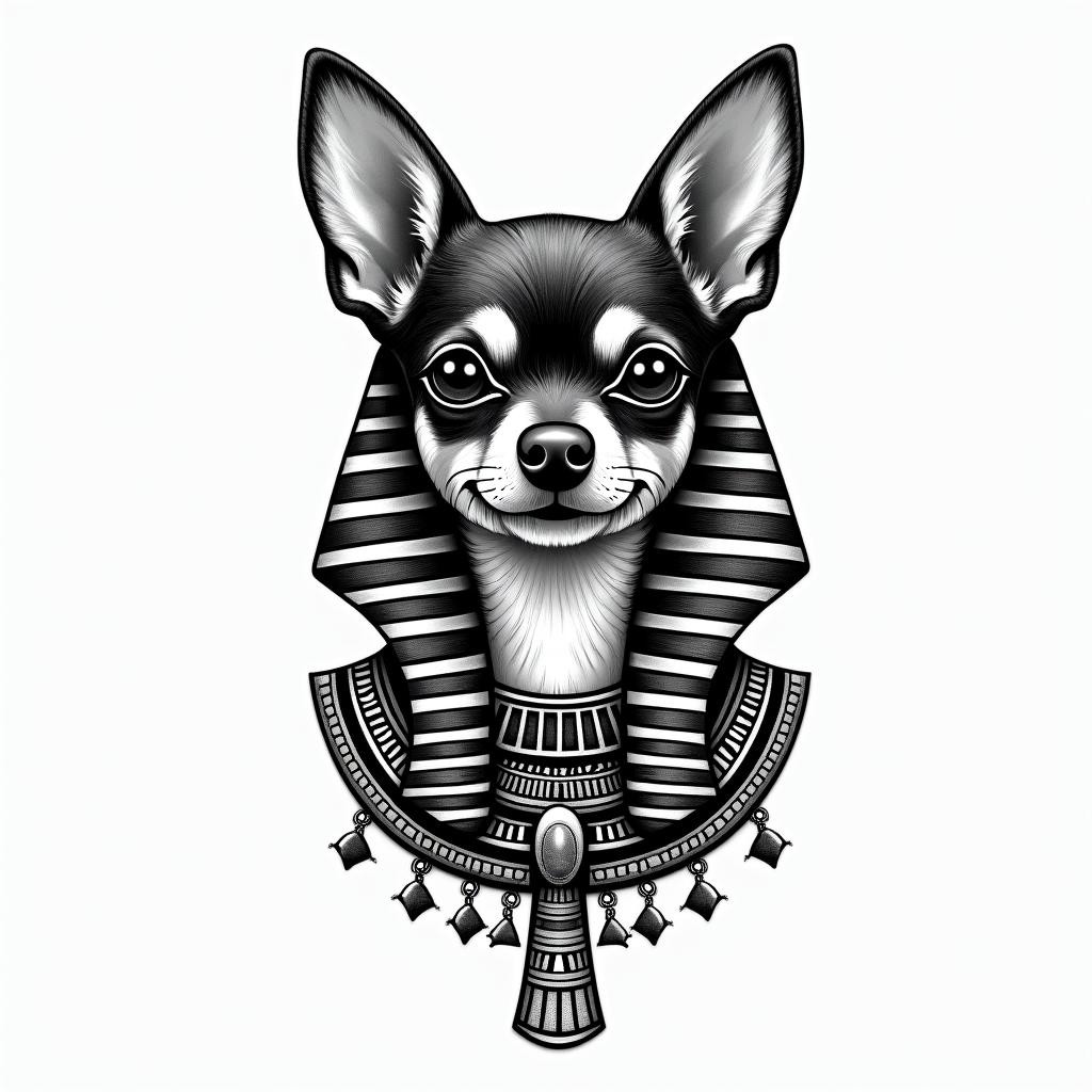 A Chihuahua dogin egyptian style tattoo, bold elements of ancient egyptian culture including a portrait of an Egyptian pharaoh with detailed facial features, in hieroglyphs and symbolic imagery, eye of horus, ankh symbol, scarab beetle - Variation 3