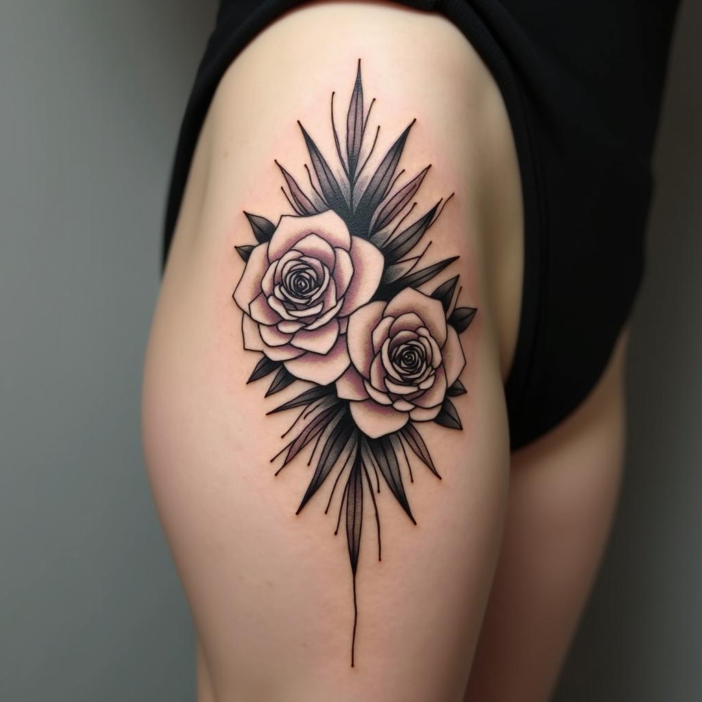 A simple and elegant tattoo of roses intertwined with a soft fan design on a woman's thigh.undefined