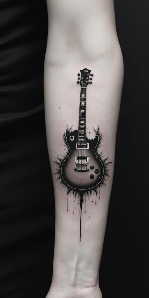 I love music. Therefore, I would like a tattoo with the words "Music was my first love."in realism tattoo style, featuring a highly detailed, lifelike, capturing every detail, photorealistic, ultra realistic, intricate shading, smooth and sharp,   - Variation 3
