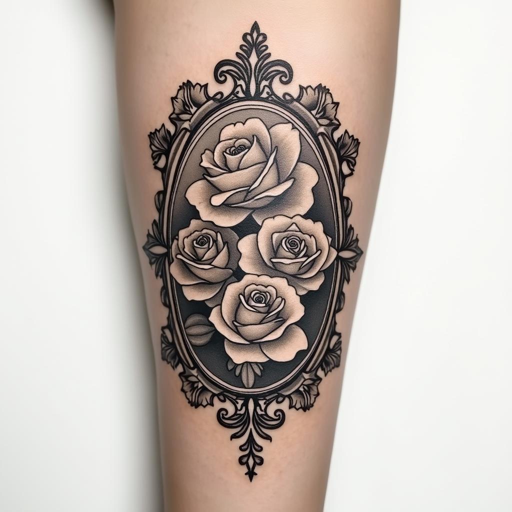 Forearm tattoo. With roses of different sizes but not too large. Thin lines.in victorian style tattoo, featuring vintage and elegant elements, ornate frames, roses, antique, sepia-toned color scheme