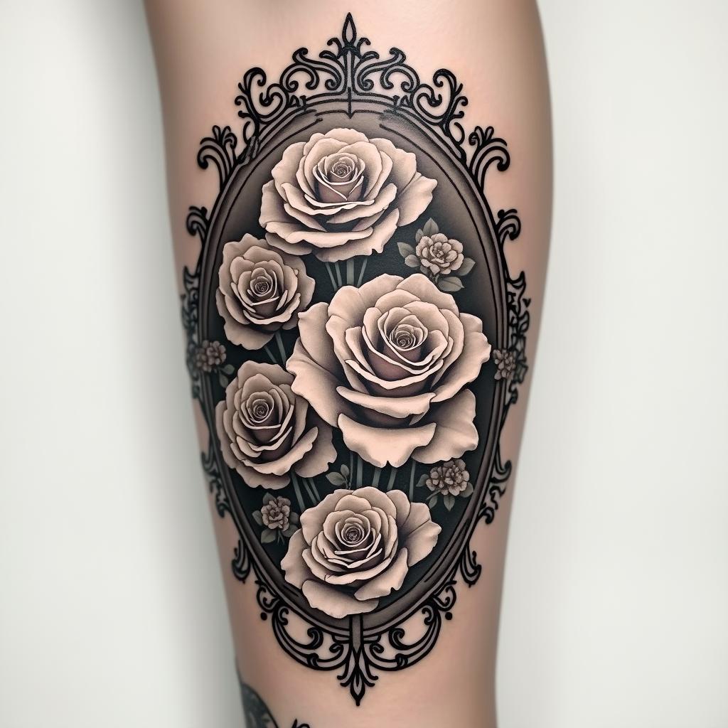 Forearm tattoo. With roses of different sizes but not too large. Thin lines.in victorian style tattoo, featuring vintage and elegant elements, ornate frames, roses, antique, sepia-toned color scheme - Variation 2