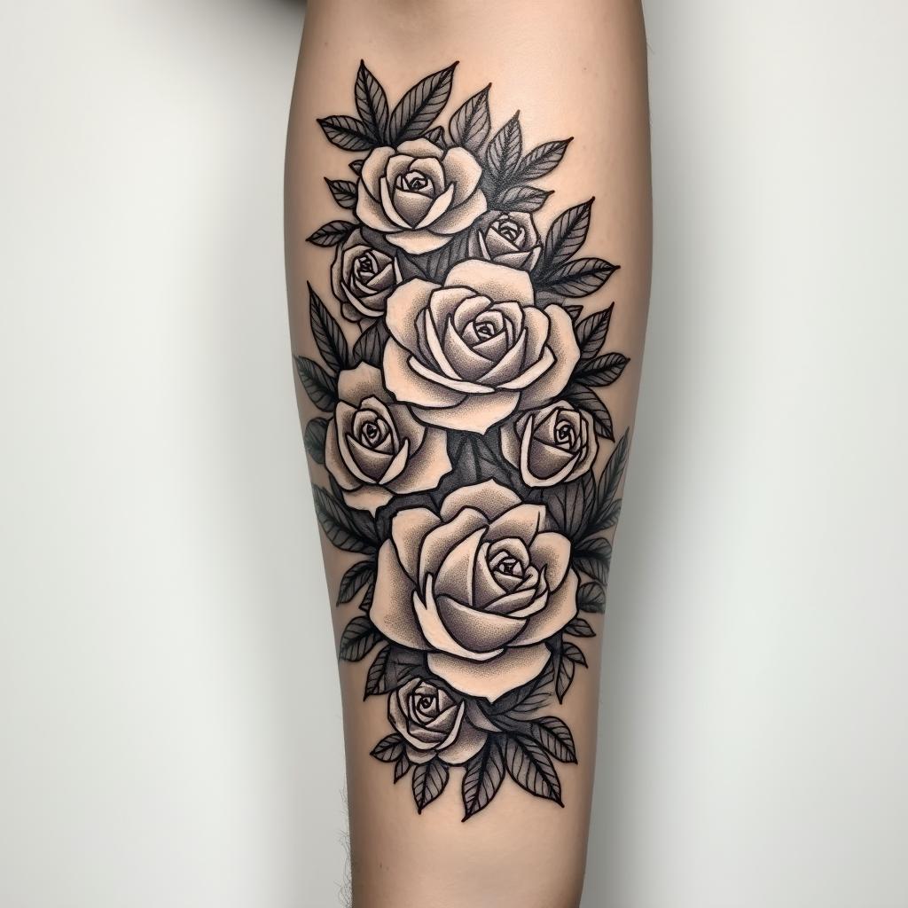 Forearm tattoo. With roses of different sizes but not too large. Thin lines.in victorian style tattoo, featuring vintage and elegant elements, ornate frames, roses, antique, sepia-toned color scheme - Variation 3