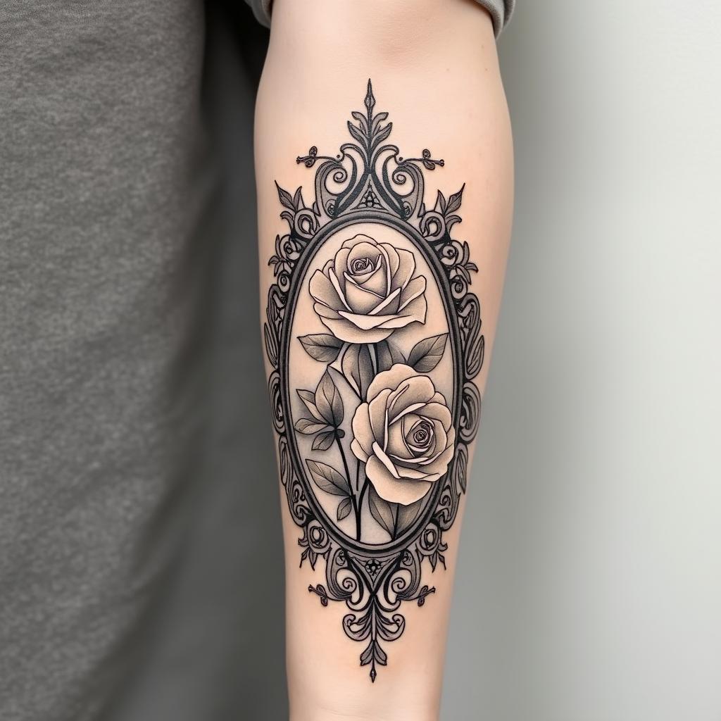 Forearm tattoo. With roses of different sizes but not too large. Thin lines.in victorian style tattoo, featuring vintage and elegant elements, ornate frames, roses, antique, sepia-toned color scheme - Variation 4