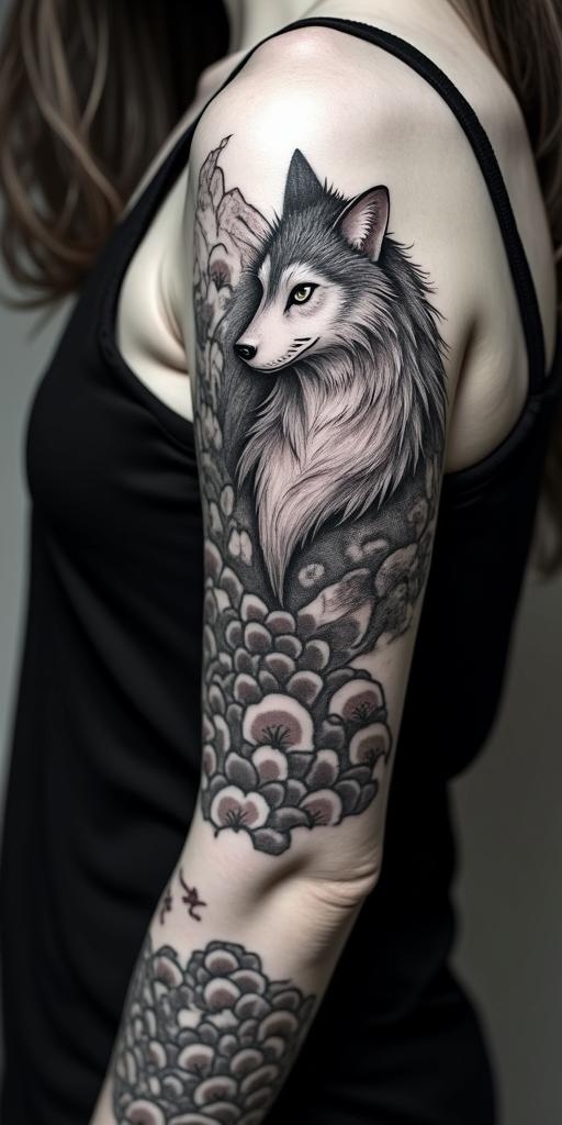 arm cover up, phoenix mix with wolfin japanese style tattoo, detailed tattoo, traditional japanese culture tattoo, mythology, 8k - Variation 4