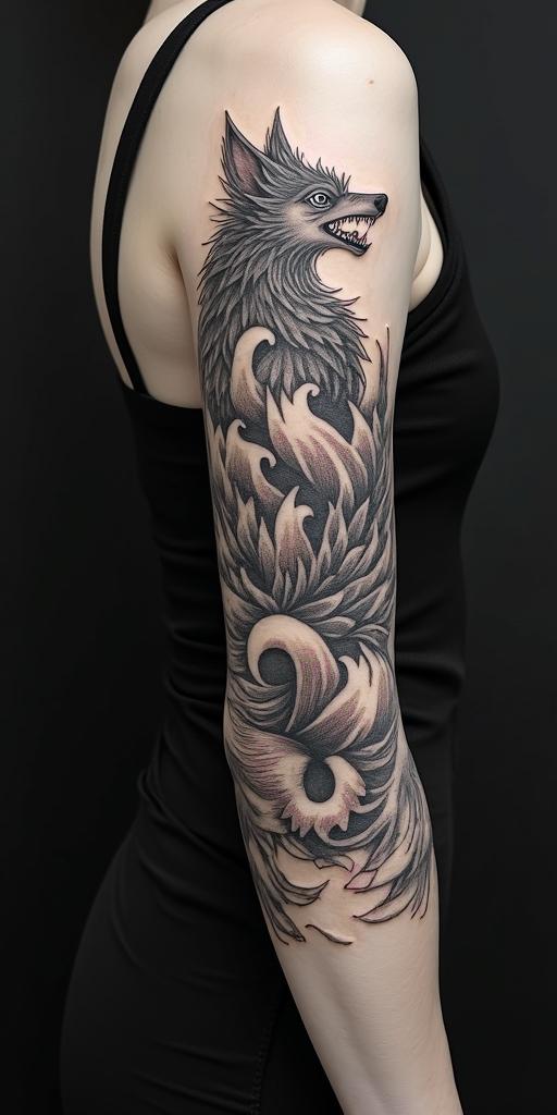 arm cover up, phoenix mix with wolfin japanese style tattoo, detailed tattoo, traditional japanese culture tattoo, mythology, 8k - Variation 3