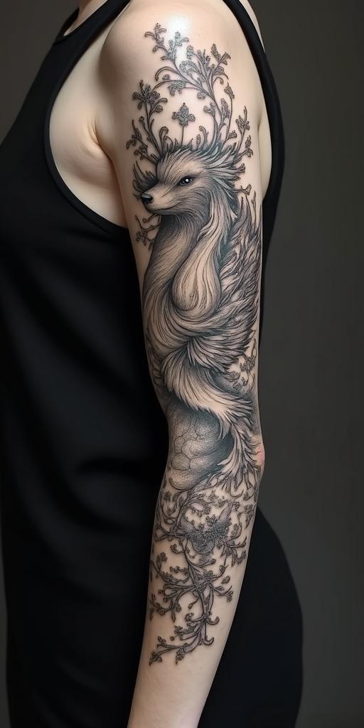 arm cover up, phoenix mix with wolfin japanese style tattoo, detailed tattoo, traditional japanese culture tattoo, mythology, 8k - Variation 2