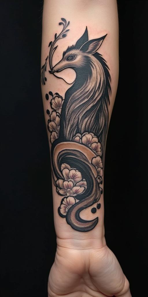 arm cover up, phoenix mix with wolfin japanese style tattoo, detailed tattoo, traditional japanese culture tattoo, mythology, 8k