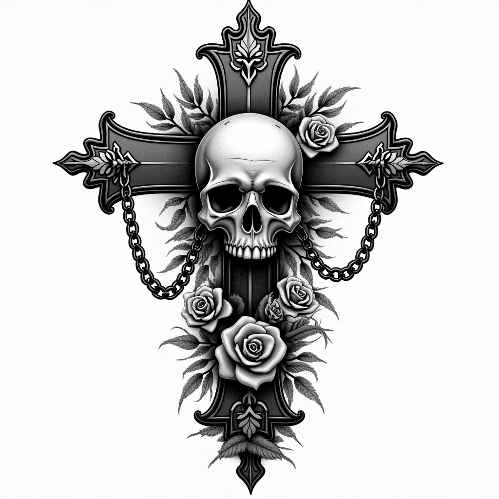 Fighterin chicano style tattoo, featuring intricate black and grey shading, bold elements of traditional chicano culture symbols, add a big cross with skull, chains and roses - Variation 5