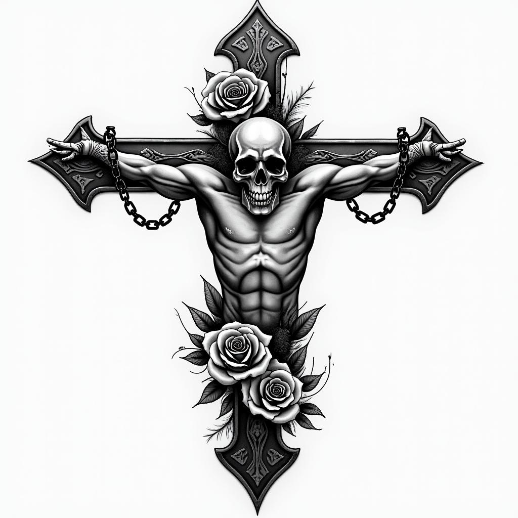 Fighterin chicano style tattoo, featuring intricate black and grey shading, bold elements of traditional chicano culture symbols, add a big cross with skull, chains and roses - Variation 7