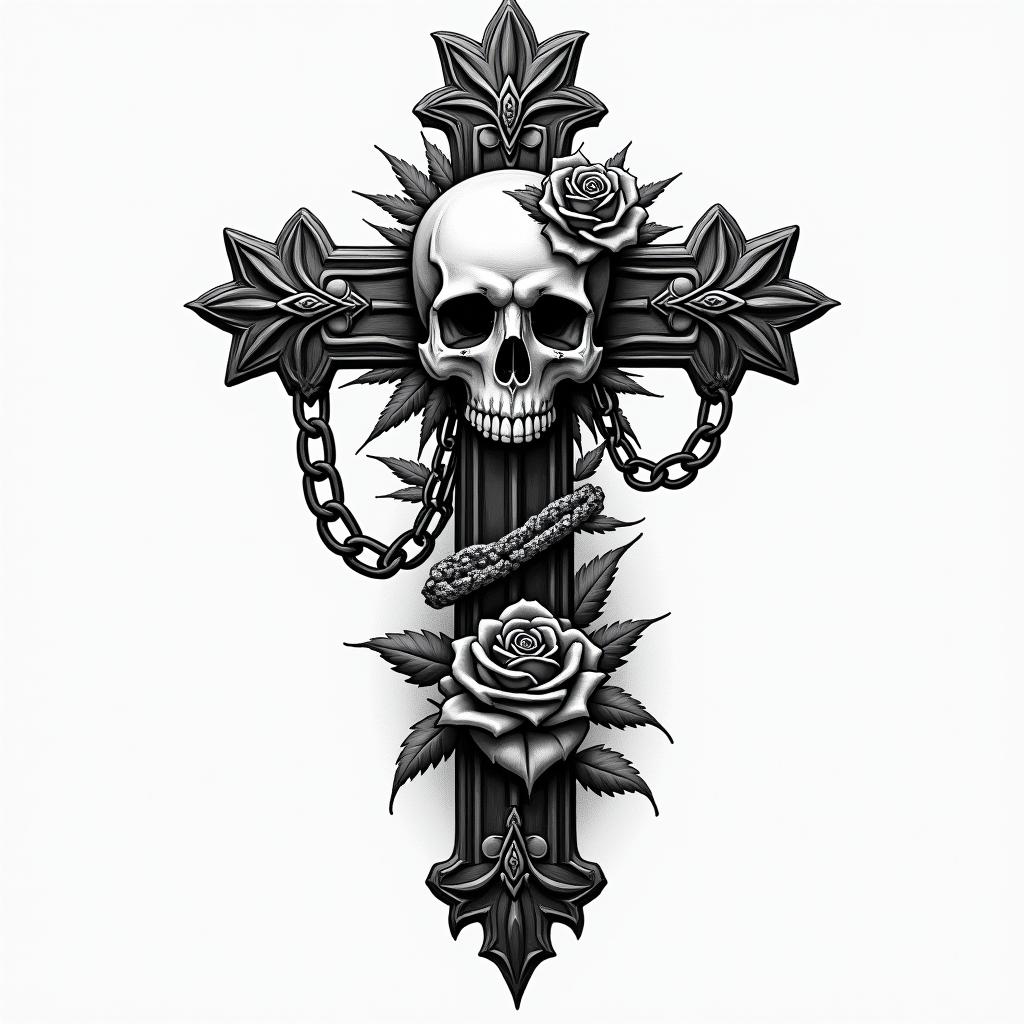 Fighterin chicano style tattoo, featuring intricate black and grey shading, bold elements of traditional chicano culture symbols, add a big cross with skull, chains and roses - Variation 6