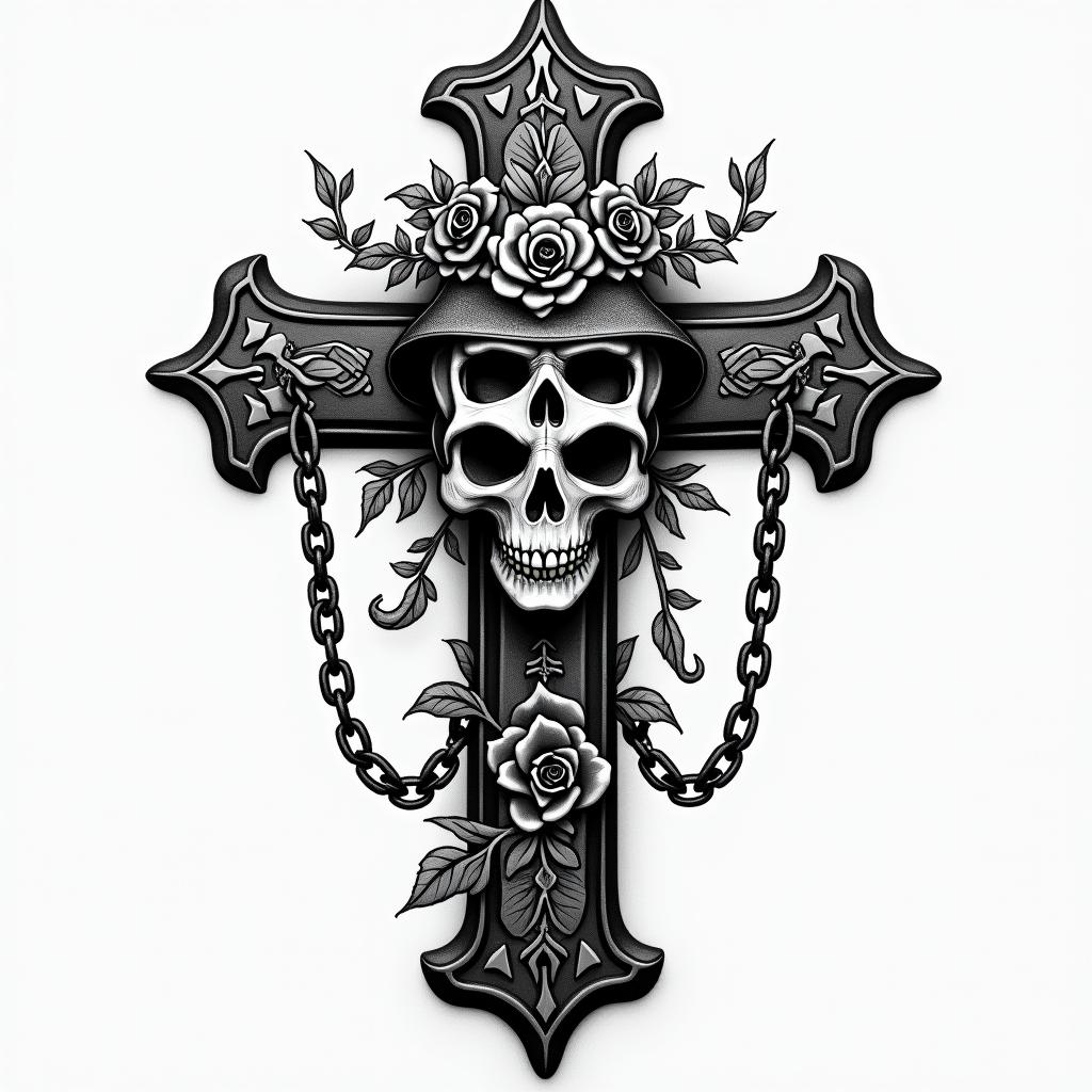 Fighterin chicano style tattoo, featuring intricate black and grey shading, bold elements of traditional chicano culture symbols, add a big cross with skull, chains and roses - Variation 8