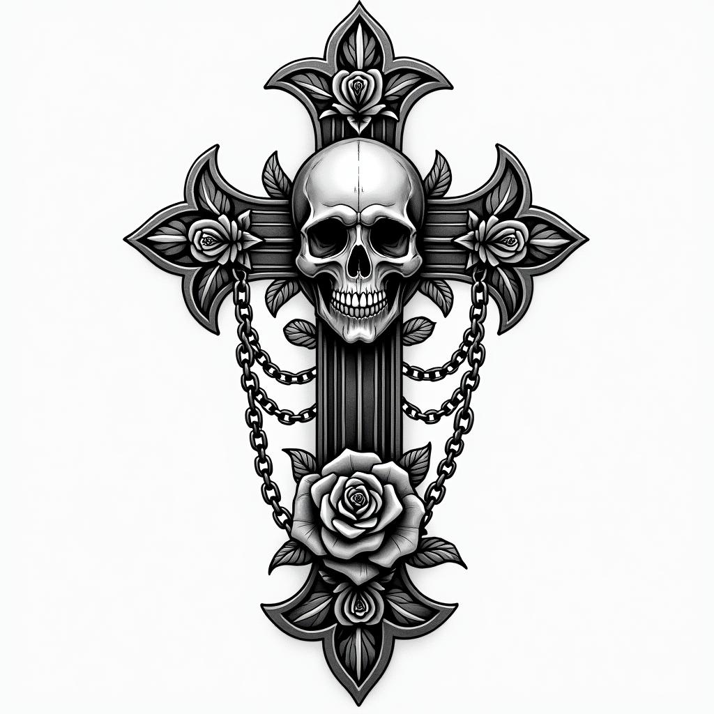 Fighterin chicano style tattoo, featuring intricate black and grey shading, bold elements of traditional chicano culture symbols, add a big cross with skull, chains and roses - Variation 3