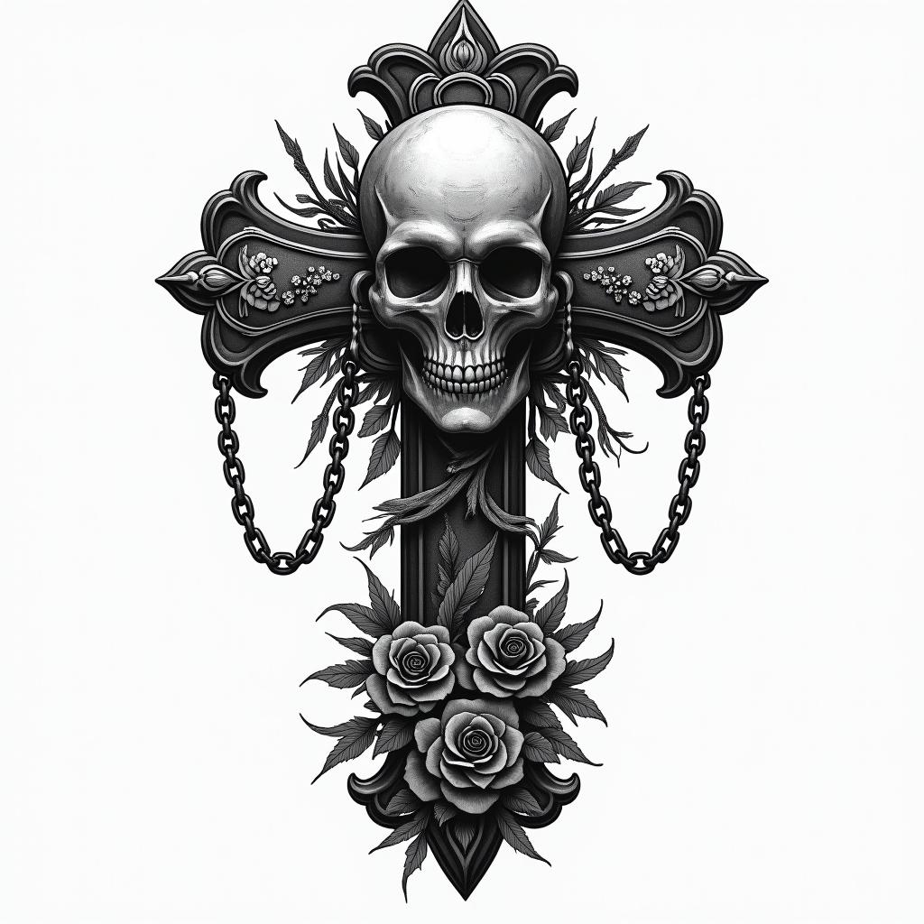 Fighterin chicano style tattoo, featuring intricate black and grey shading, bold elements of traditional chicano culture symbols, add a big cross with skull, chains and roses - Variation 2