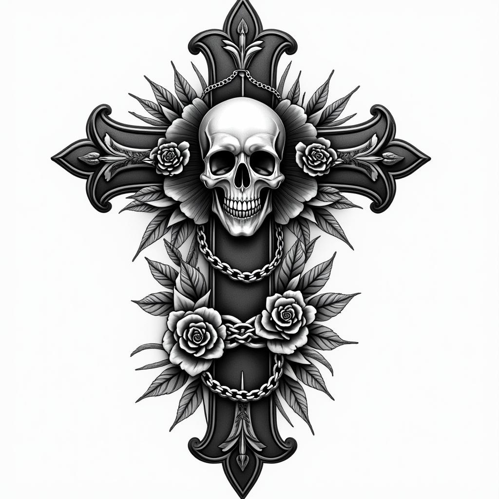 Fighterin chicano style tattoo, featuring intricate black and grey shading, bold elements of traditional chicano culture symbols, add a big cross with skull, chains and roses
