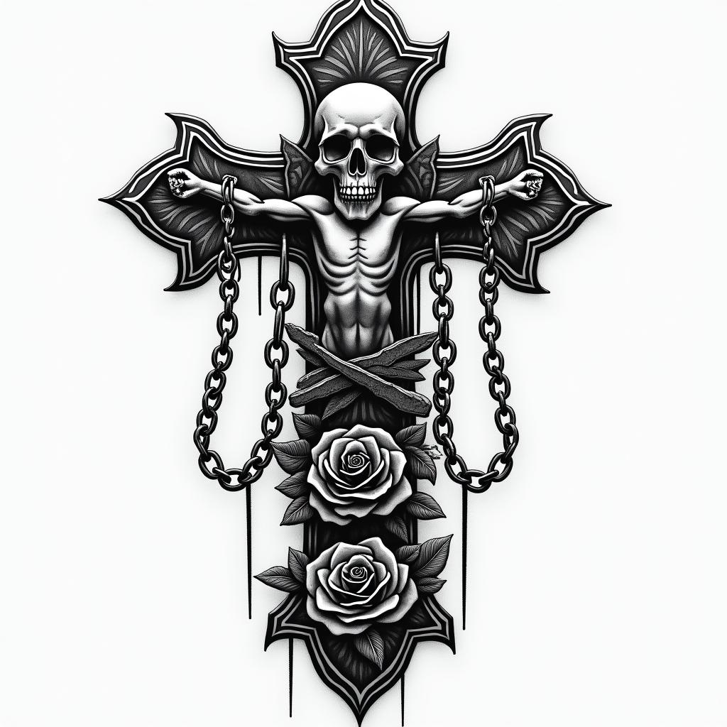Fighterin chicano style tattoo, featuring intricate black and grey shading, bold elements of traditional chicano culture symbols, add a big cross with skull, chains and roses - Variation 4