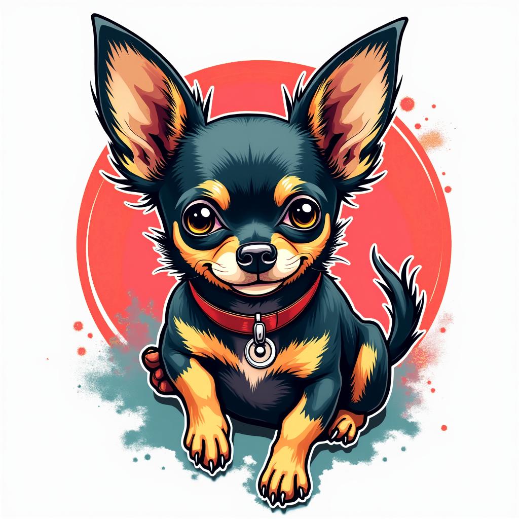 A Chihuahua dogin pop art style tattoo, featuring bold and vibrant colors, exaggerated outlines, iconic imagery, inspired by comic books and speech bubbles, comic book characters, retro pop culture - Variation 4