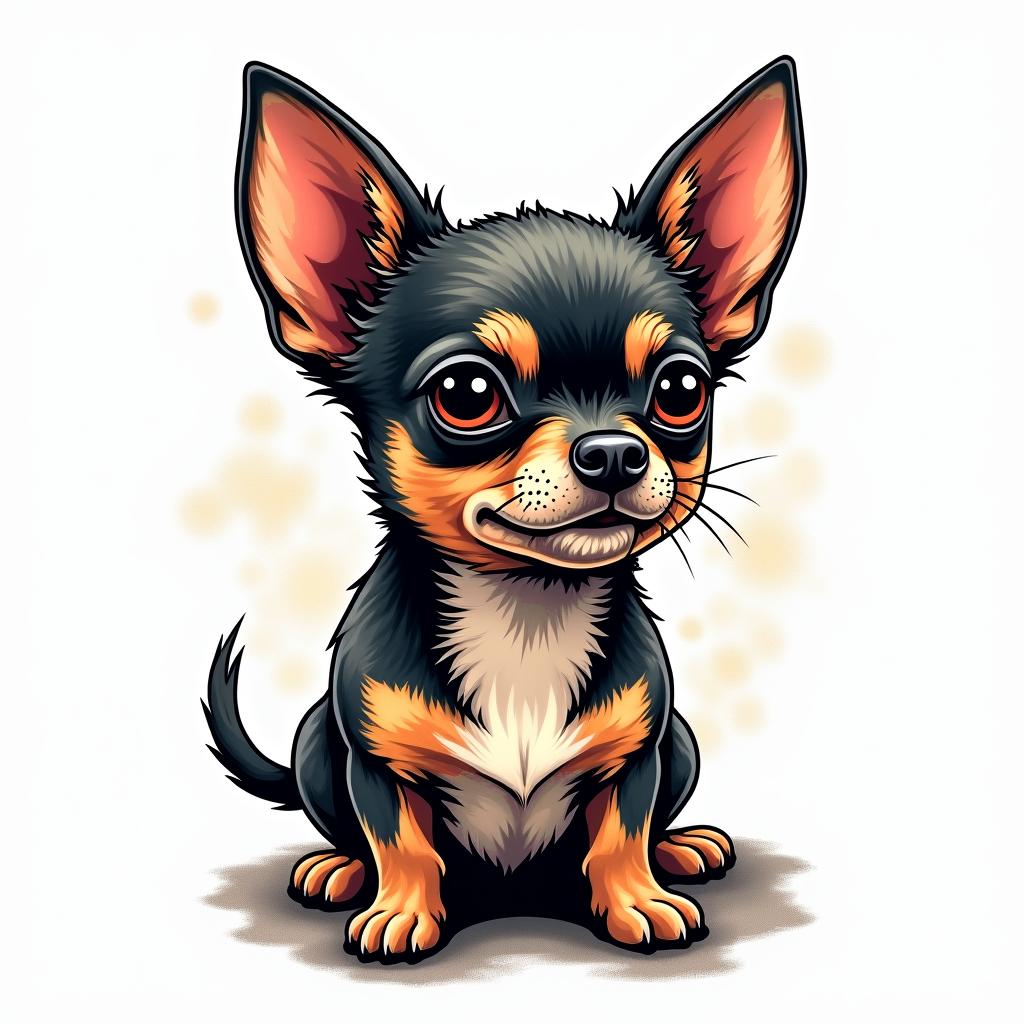 A Chihuahua dogin pop art style tattoo, featuring bold and vibrant colors, exaggerated outlines, iconic imagery, inspired by comic books and speech bubbles, comic book characters, retro pop culture