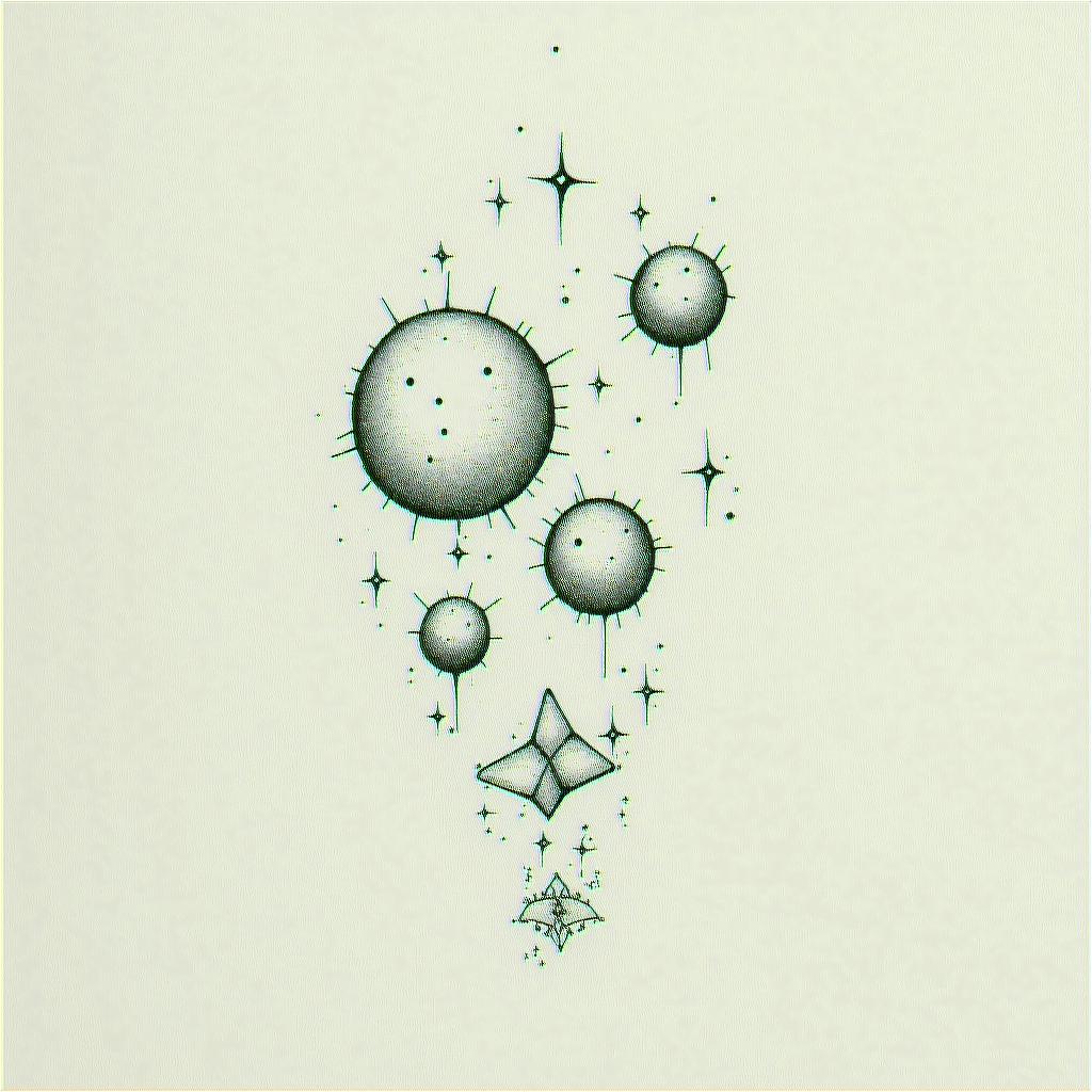 Bubbles sparkle quirkyin minimalist style tattoo, featuring simple shapes and fine lines, with minimal shading and details, tiny triangles, creating a sense of balance and harmony - Variation 4