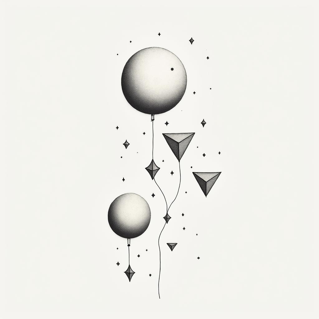 Bubbles sparkle quirkyin minimalist style tattoo, featuring simple shapes and fine lines, with minimal shading and details, tiny triangles, creating a sense of balance and harmony - Variation 3